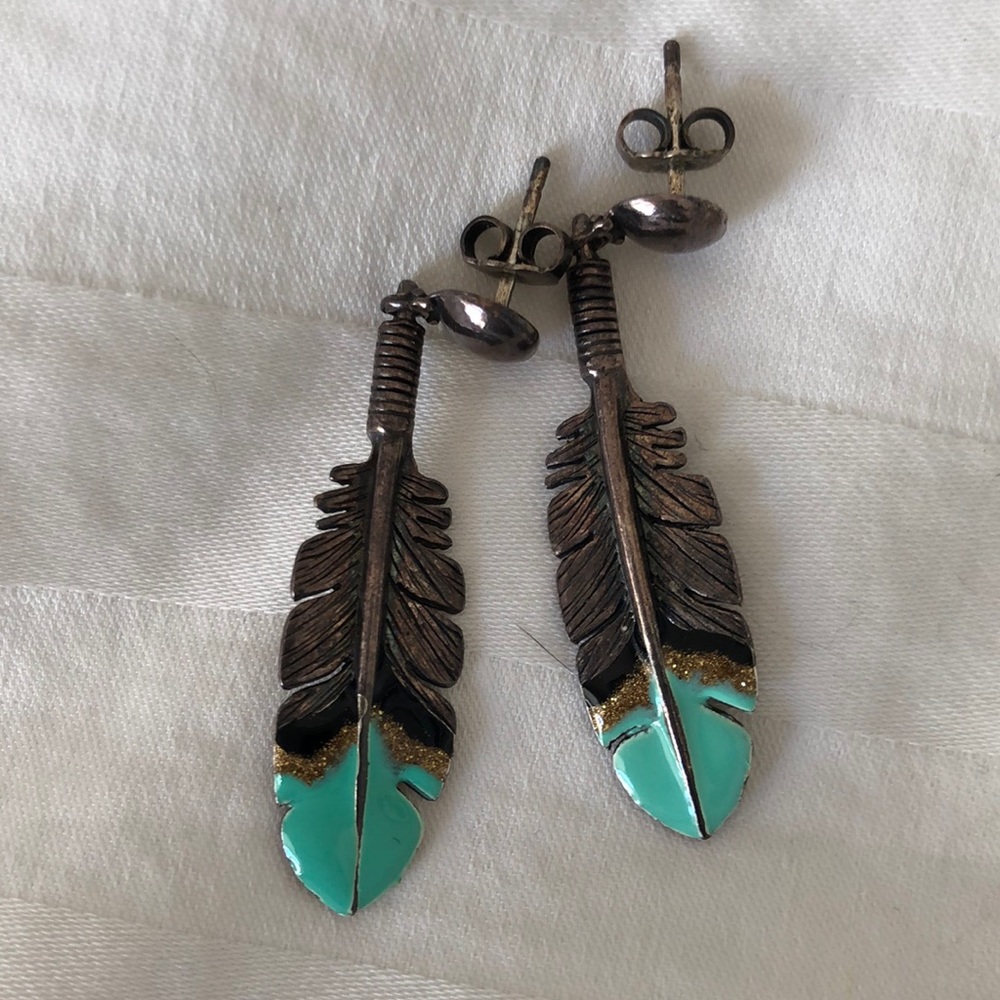Sterling silver painted feather earrings